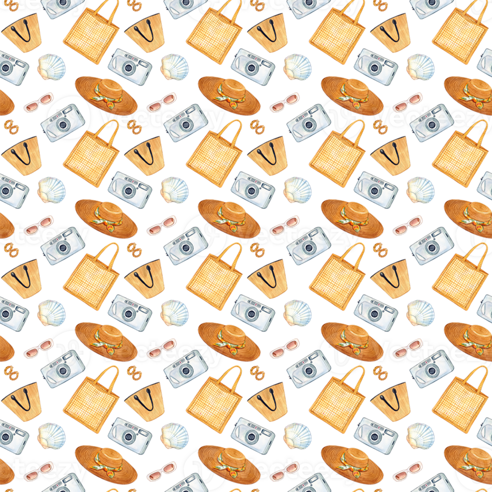 Seamless pattern of beach bags and sun hats with a summer vacation theme. png
