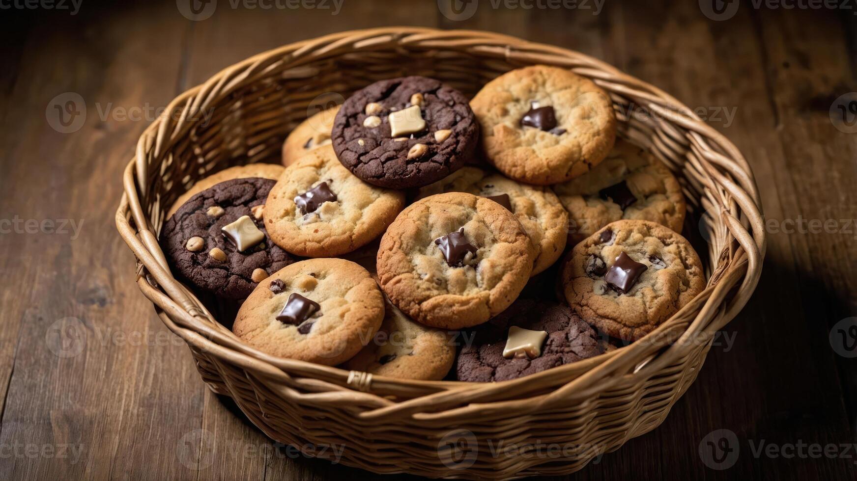 A basket filled with assorted cookies, showcasing a variety of flavors and textures. photo