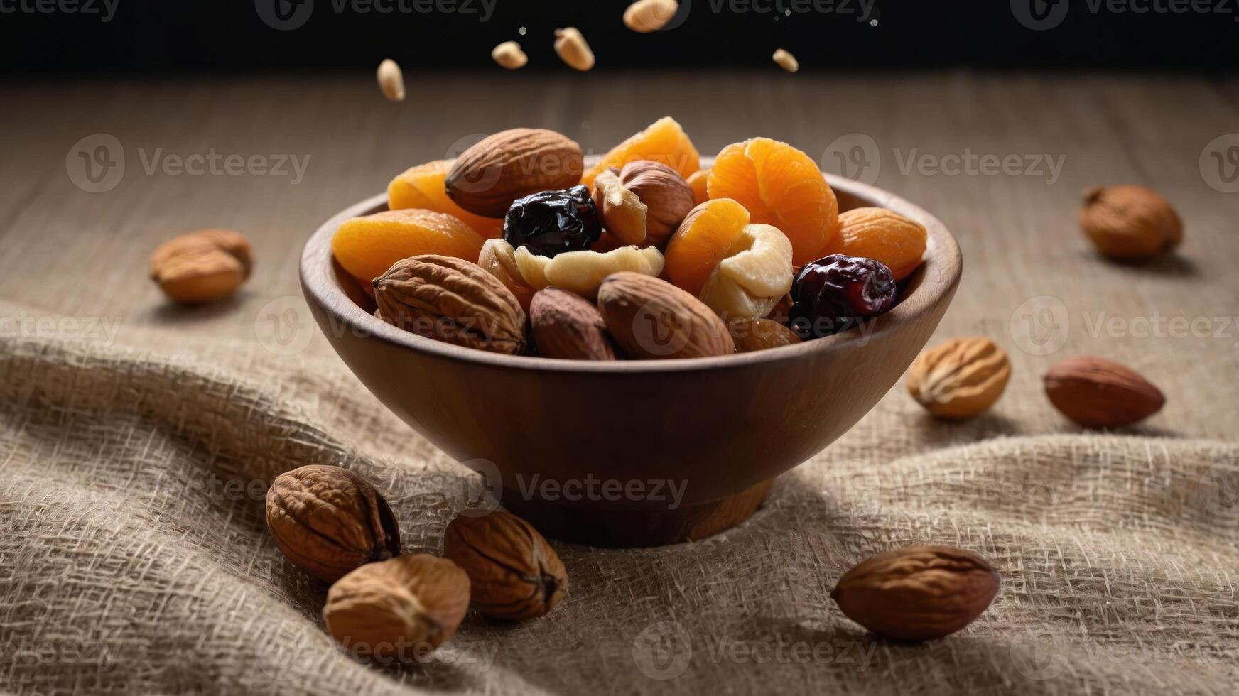 A wooden bowl filled with assorted nuts and dried fruits on a textured surface. photo