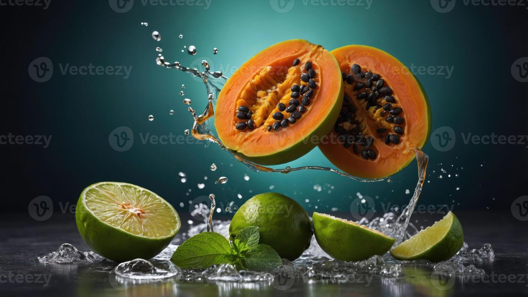 A vibrant display of papaya and lime with splashes of water, emphasizing freshness and vitality. photo