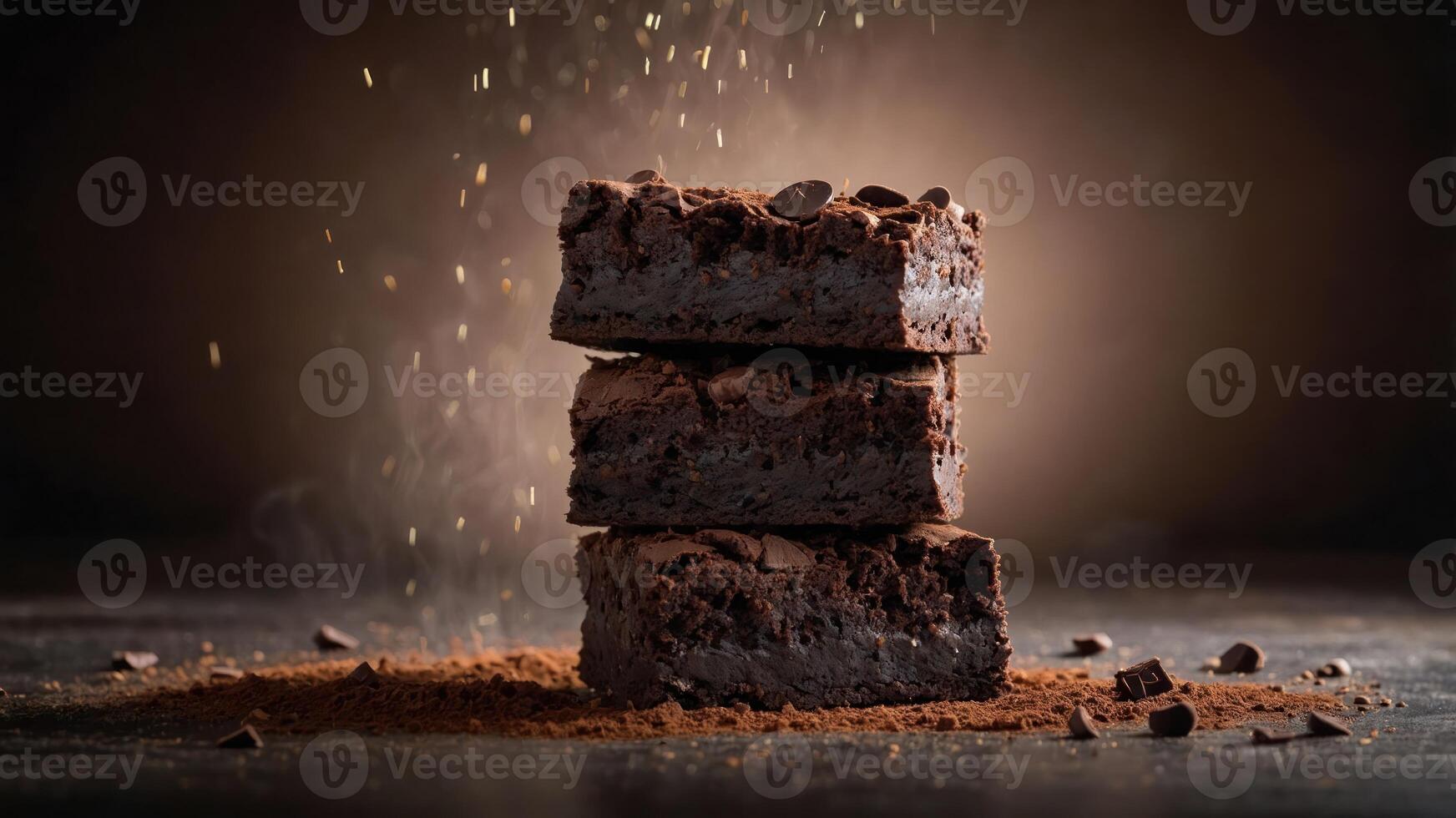 A stack of rich chocolate brownies dusted with cocoa, showcasing indulgent dessert appeal. photo