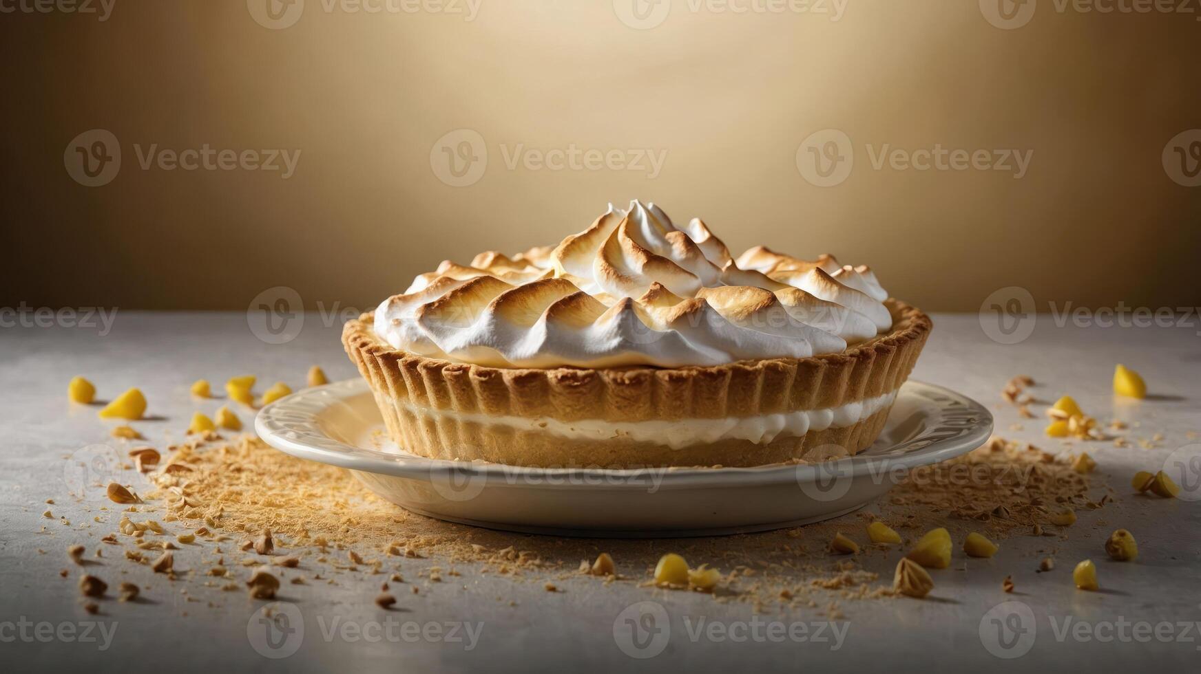 A beautifully baked lemon meringue pie on a plate, garnished with crumbs. photo