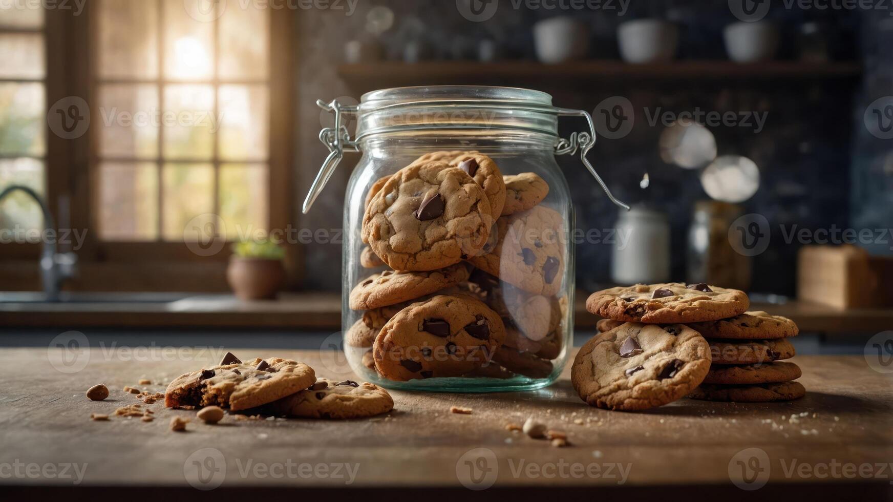 A jar filled with chocolate chip cookies on a wooden table, with some cookies scattered around. photo