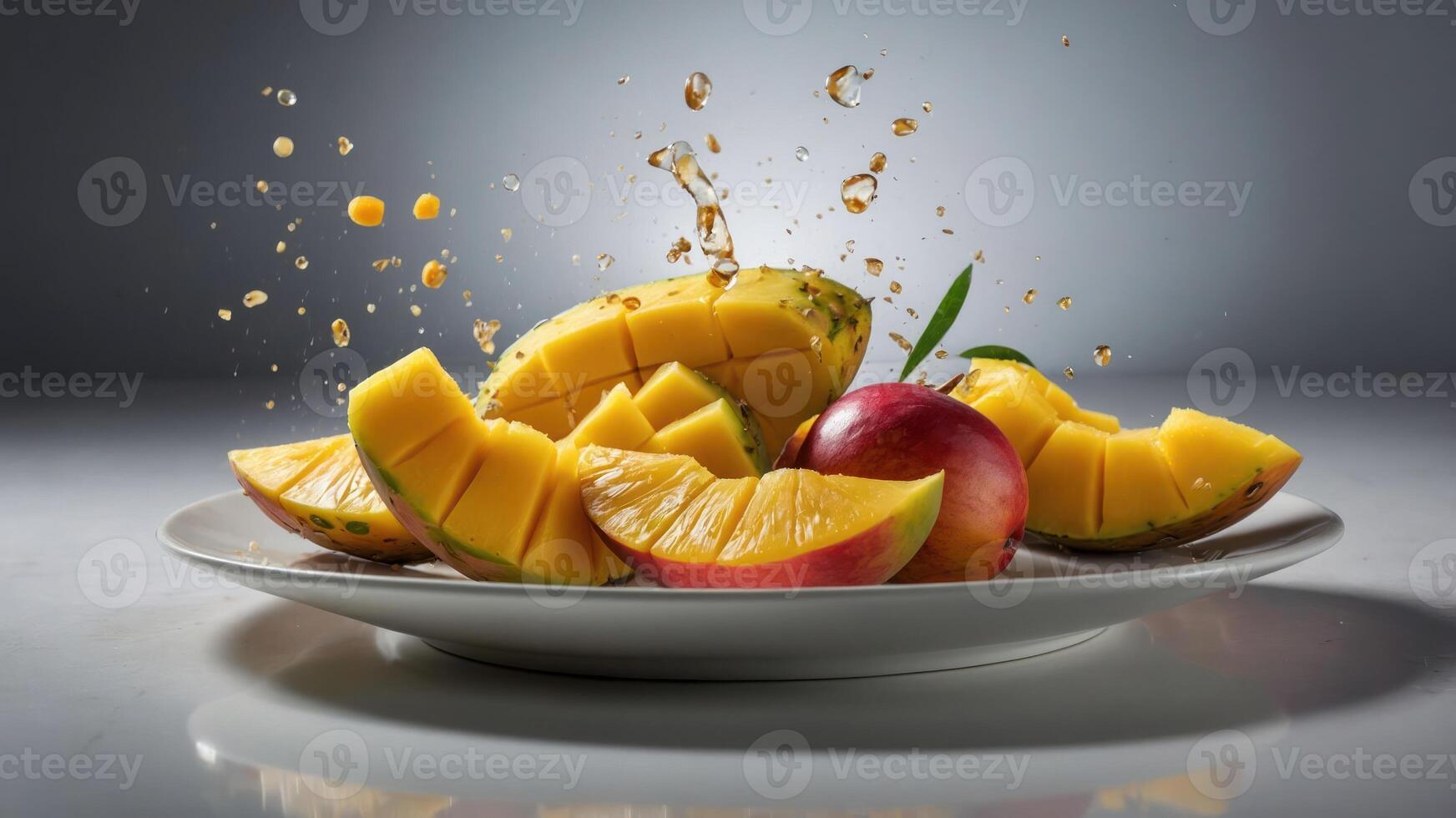 A vibrant display of sliced mango and apple with splashes of juice on a plate. photo