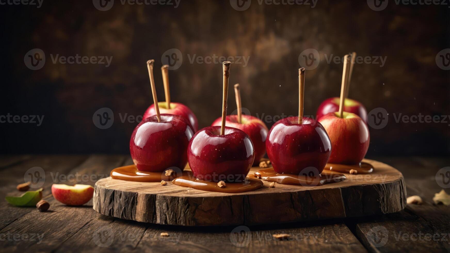 A display of caramel-coated apples on a wooden platter, evoking a festive atmosphere. photo
