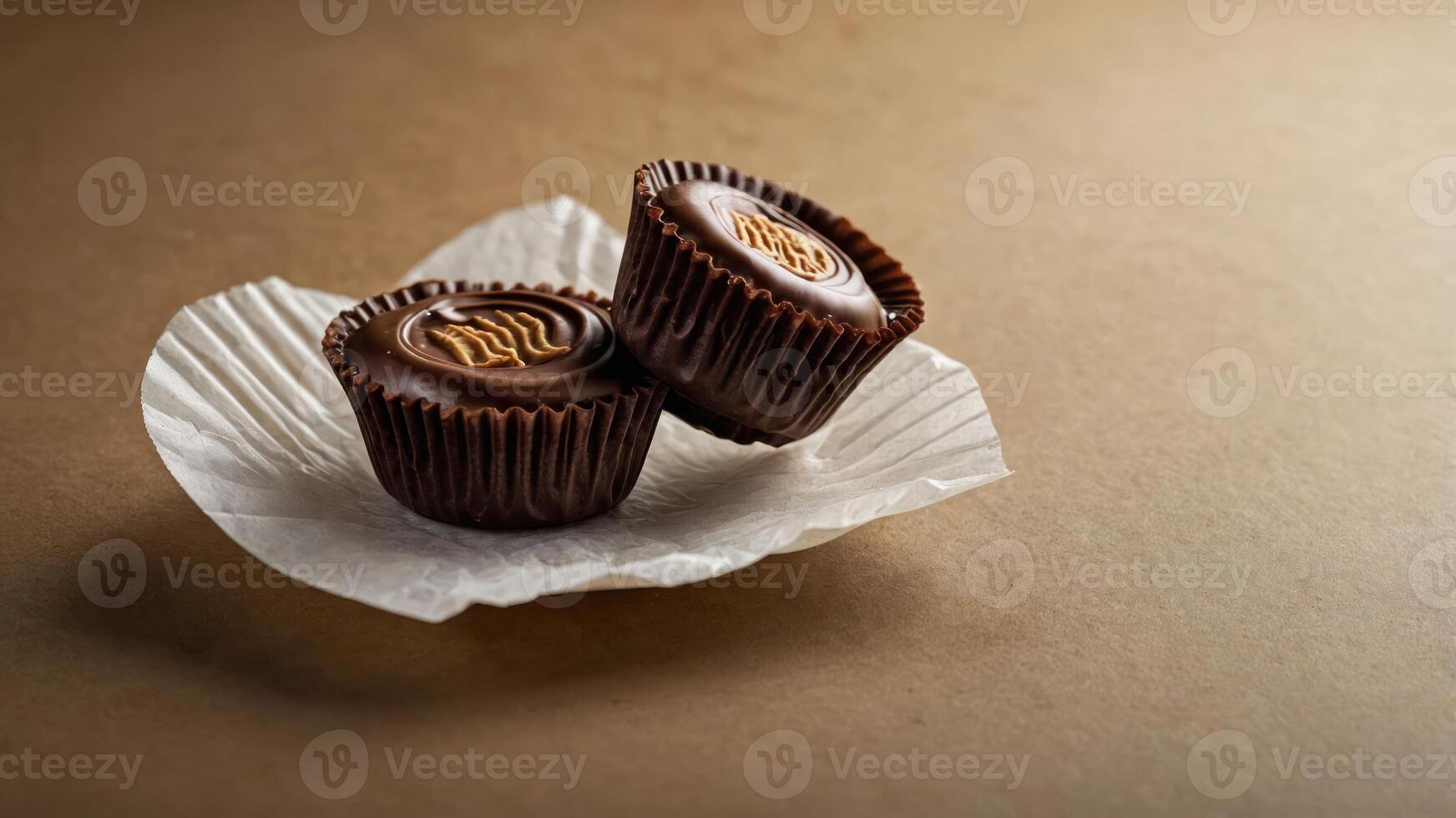 Two chocolate cups filled with creamy filling on a light-colored surface. photo