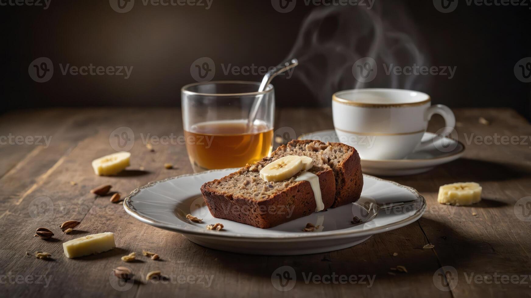 A cozy setting featuring a slice of banana bread, tea, and coffee on a wooden table. photo