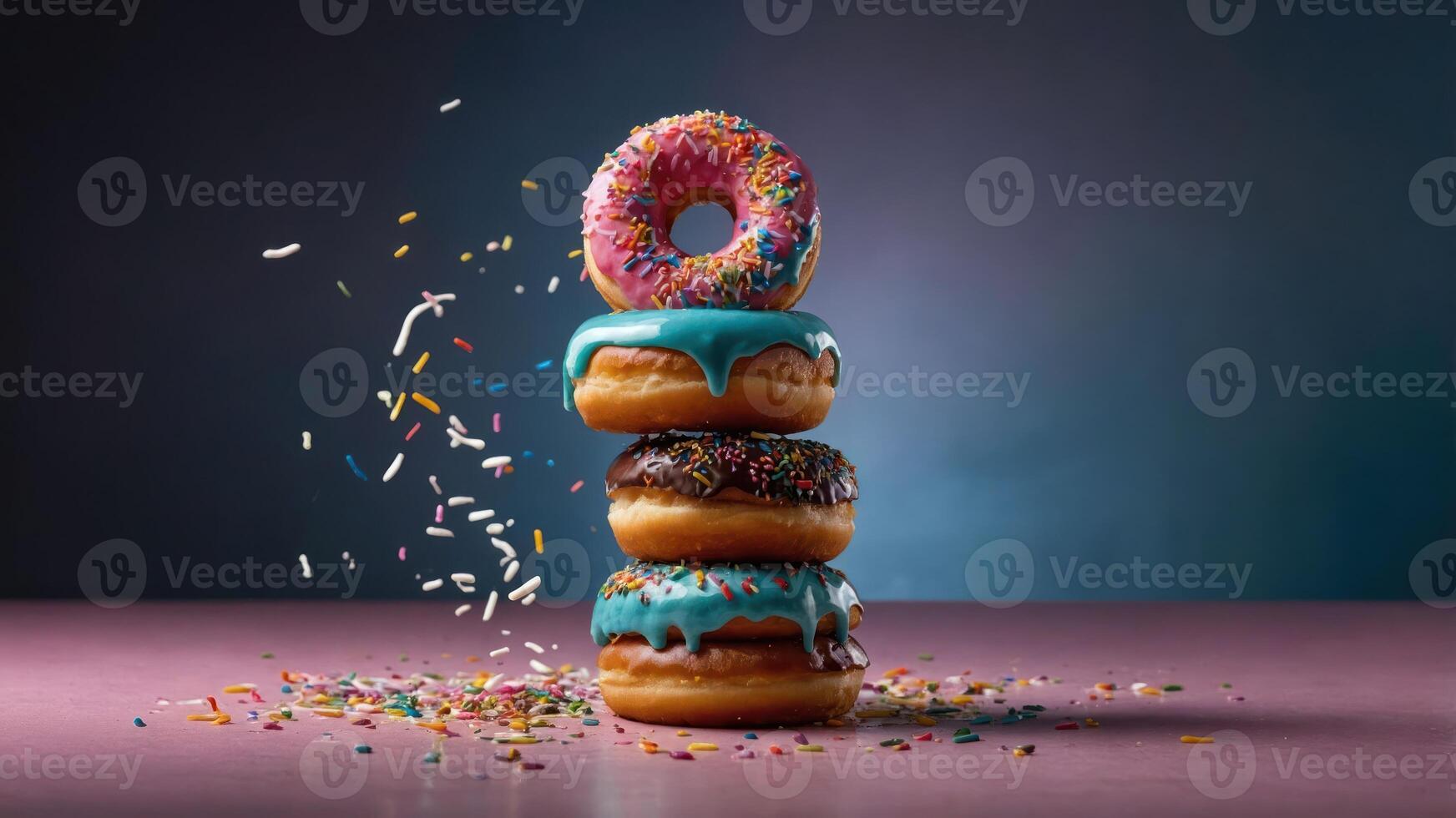A colorful stack of donuts with sprinkles, showcasing a fun and appetizing dessert display. photo