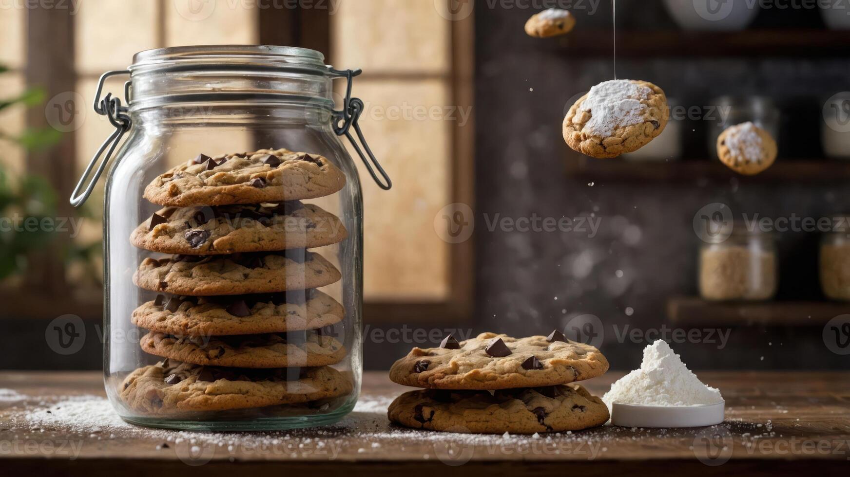 A jar filled with chocolate chip cookies, with some cookies falling and flour scattered. photo