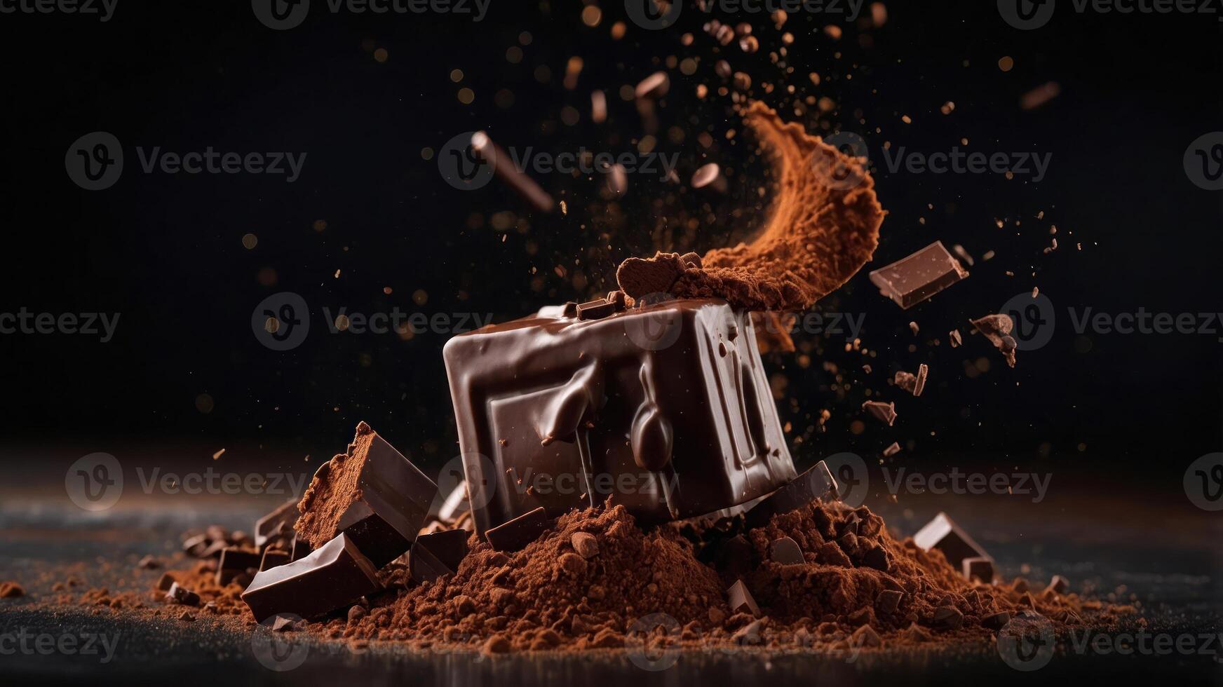 A dynamic display of chocolate pieces and cocoa powder, emphasizing indulgence and texture. photo
