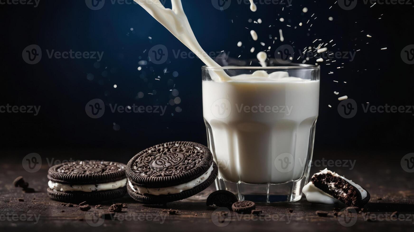 A glass of milk splashes as Oreos sit beside it, creating a tempting snack scene. photo