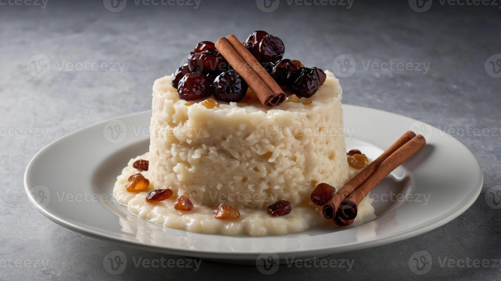 Creamy rice pudding topped with dried fruits and cinnamon sticks on a plate. photo