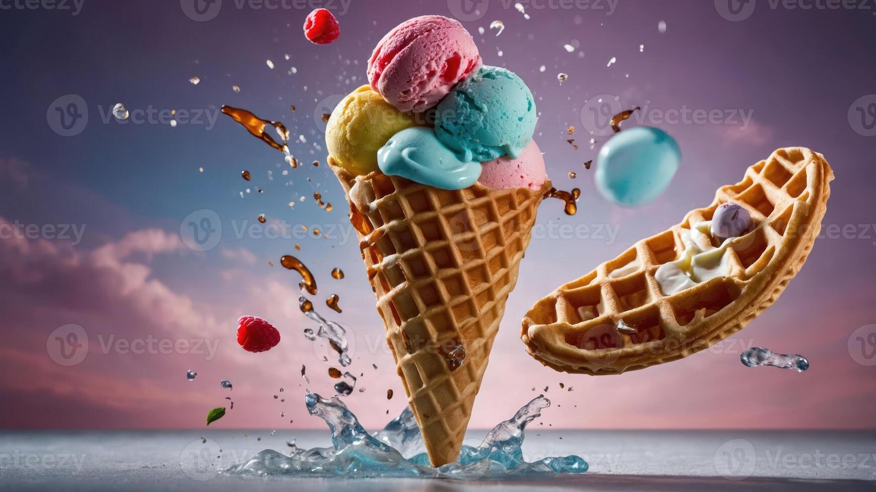 Colorful ice cream cone splashing in water with waffle pieces and berries. photo