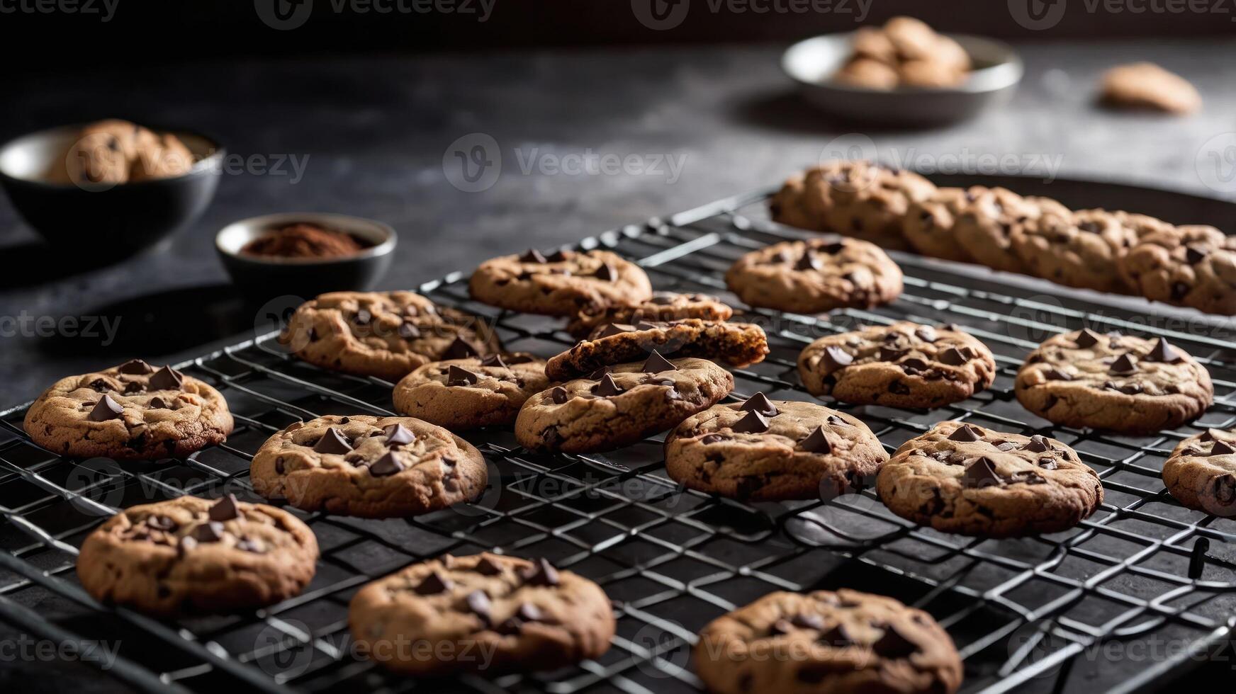Freshly baked chocolate chip cookies cooling on a rack, with some in bowls nearby. photo