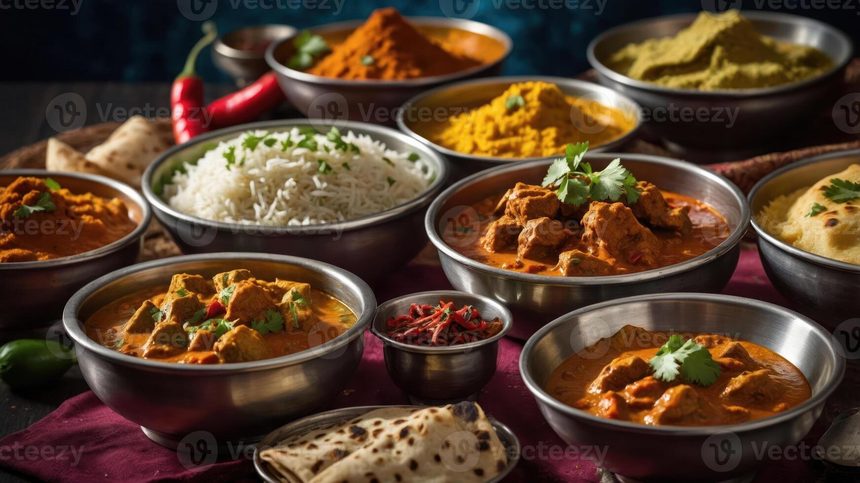 A vibrant display of various Indian curries, rice, and spices, showcasing a rich culinary tradition. photo