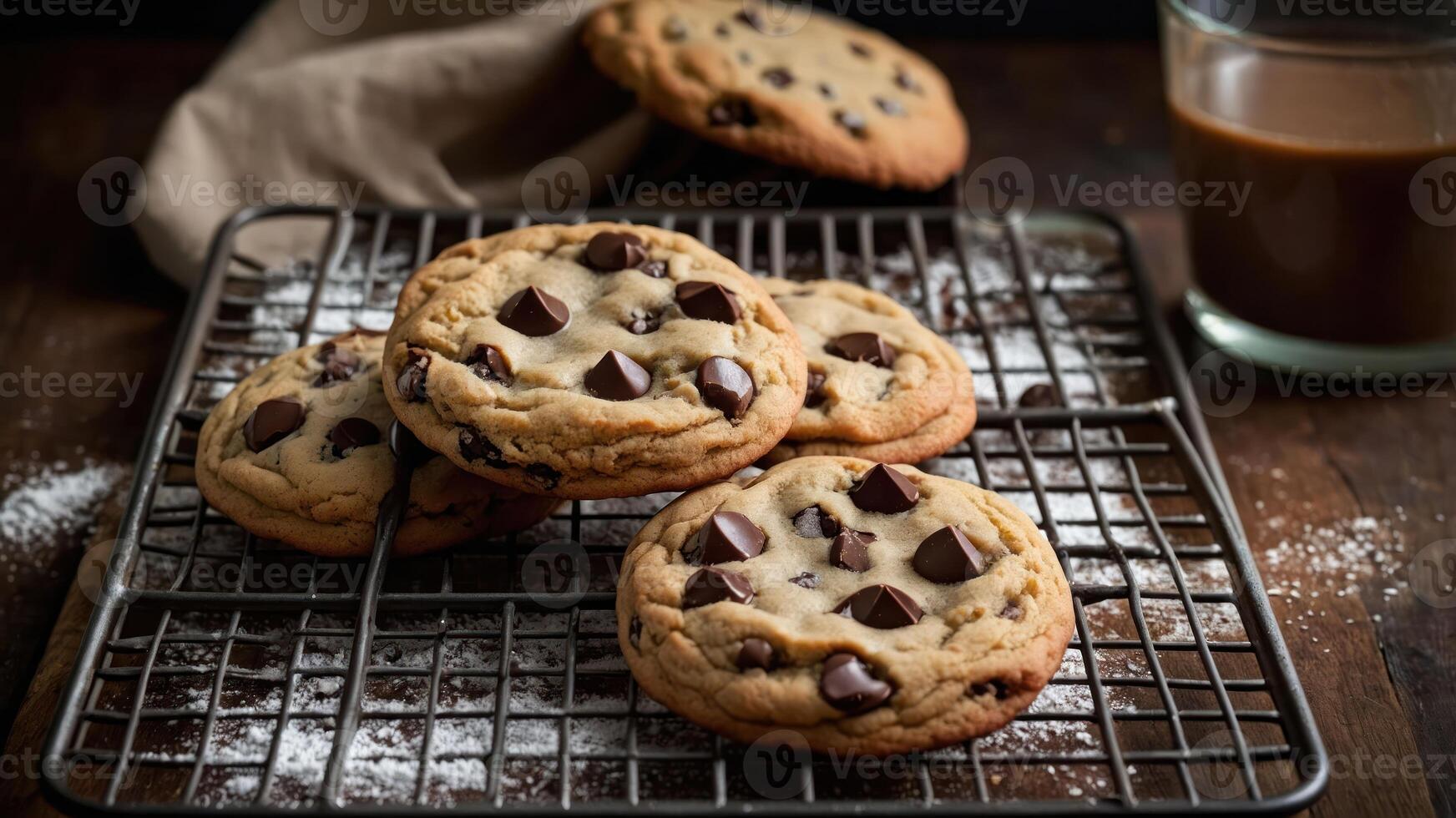 Freshly baked chocolate chip cookies on a cooling rack with a cup of coffee. photo