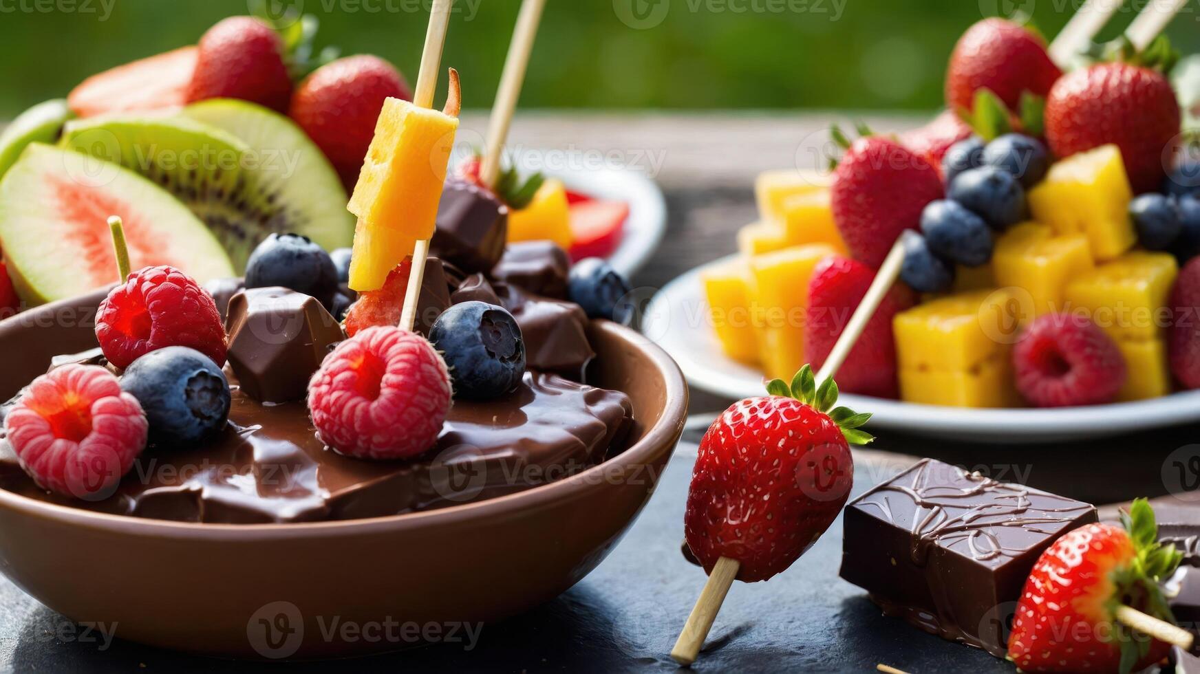 A delightful spread of chocolate fondue with fresh fruits for dipping. photo