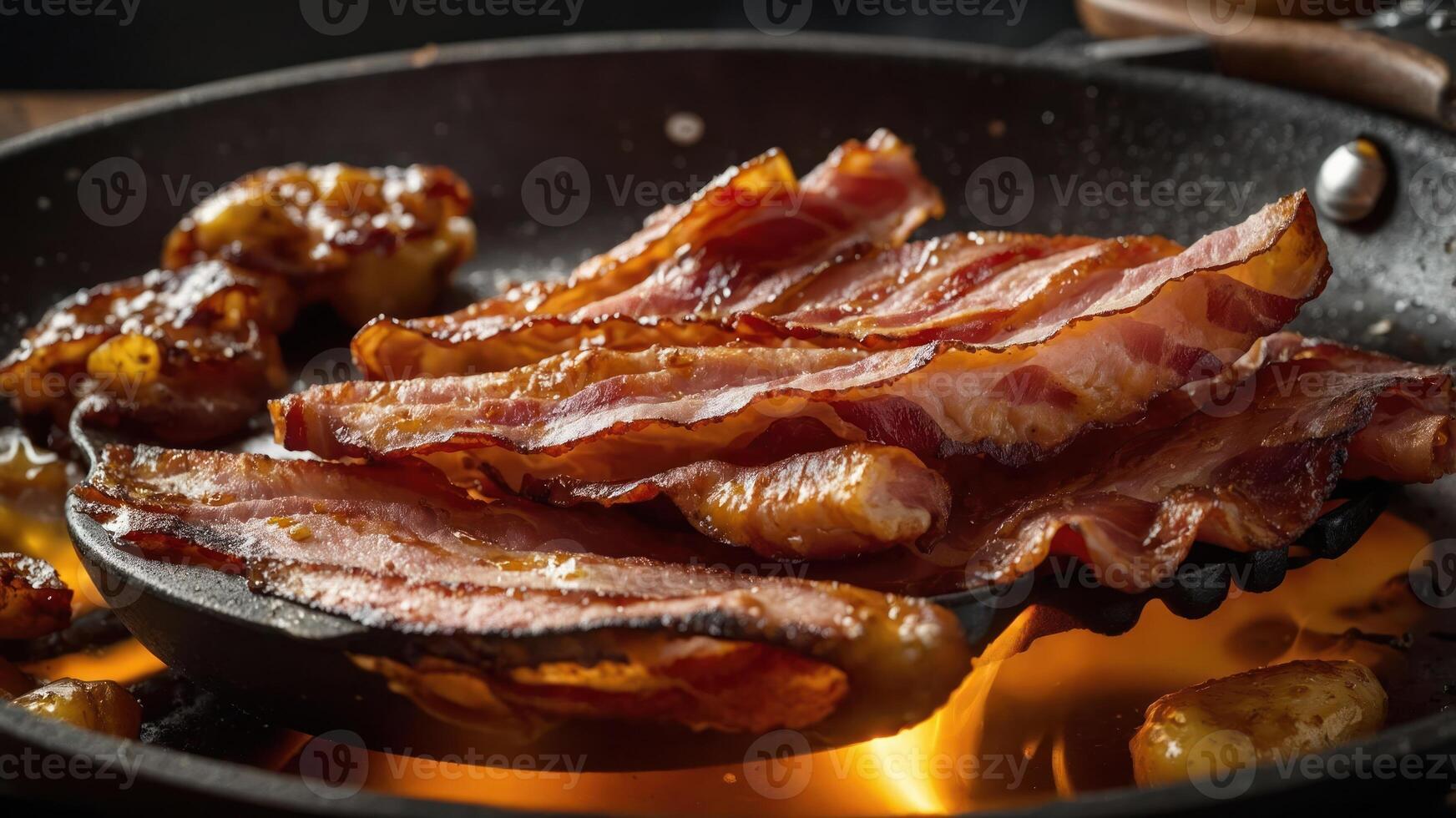 A close-up of sizzling bacon in a frying pan, showcasing its crispy texture and delicious appeal. photo