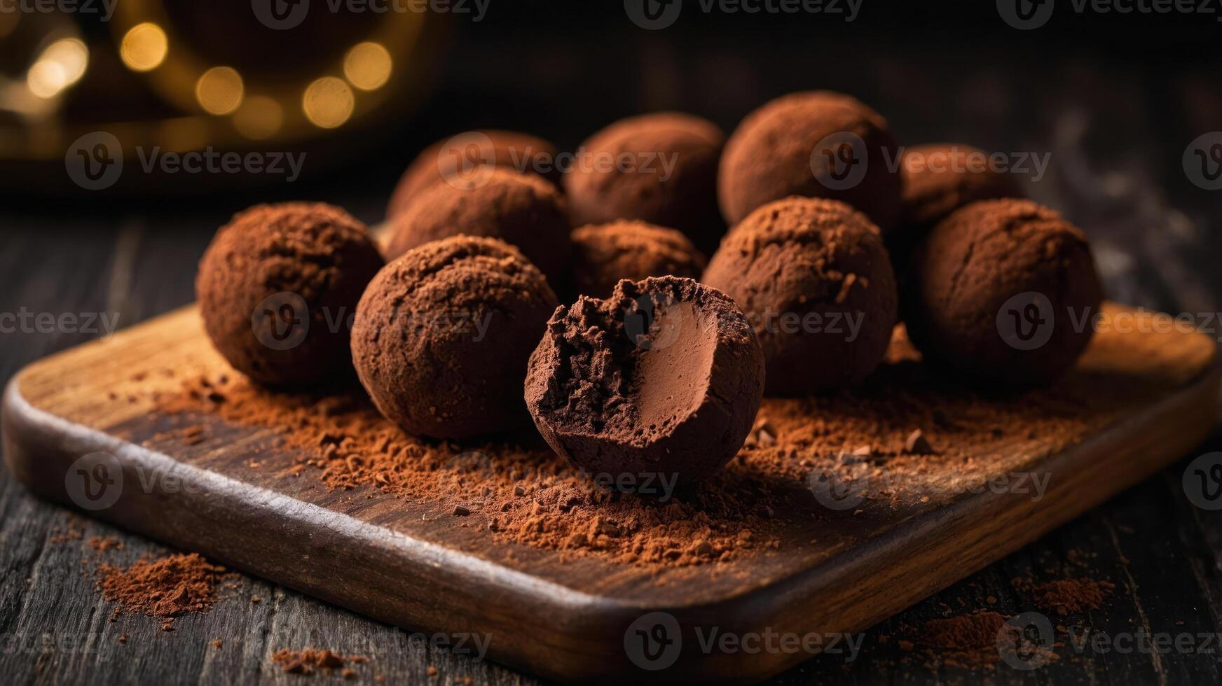 A wooden board displays chocolate truffles coated in cocoa powder, inviting indulgence. photo