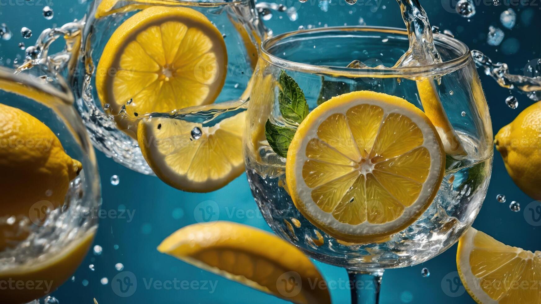 A refreshing drink with lemon slices and mint splashes in water. photo