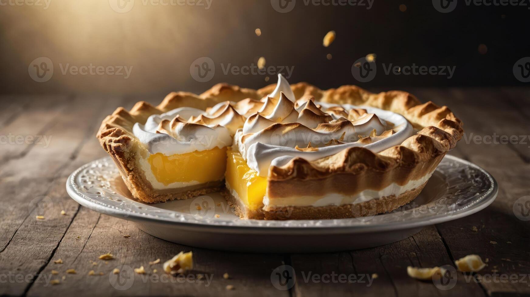 A delicious lemon meringue pie with a golden crust, topped with fluffy meringue. photo