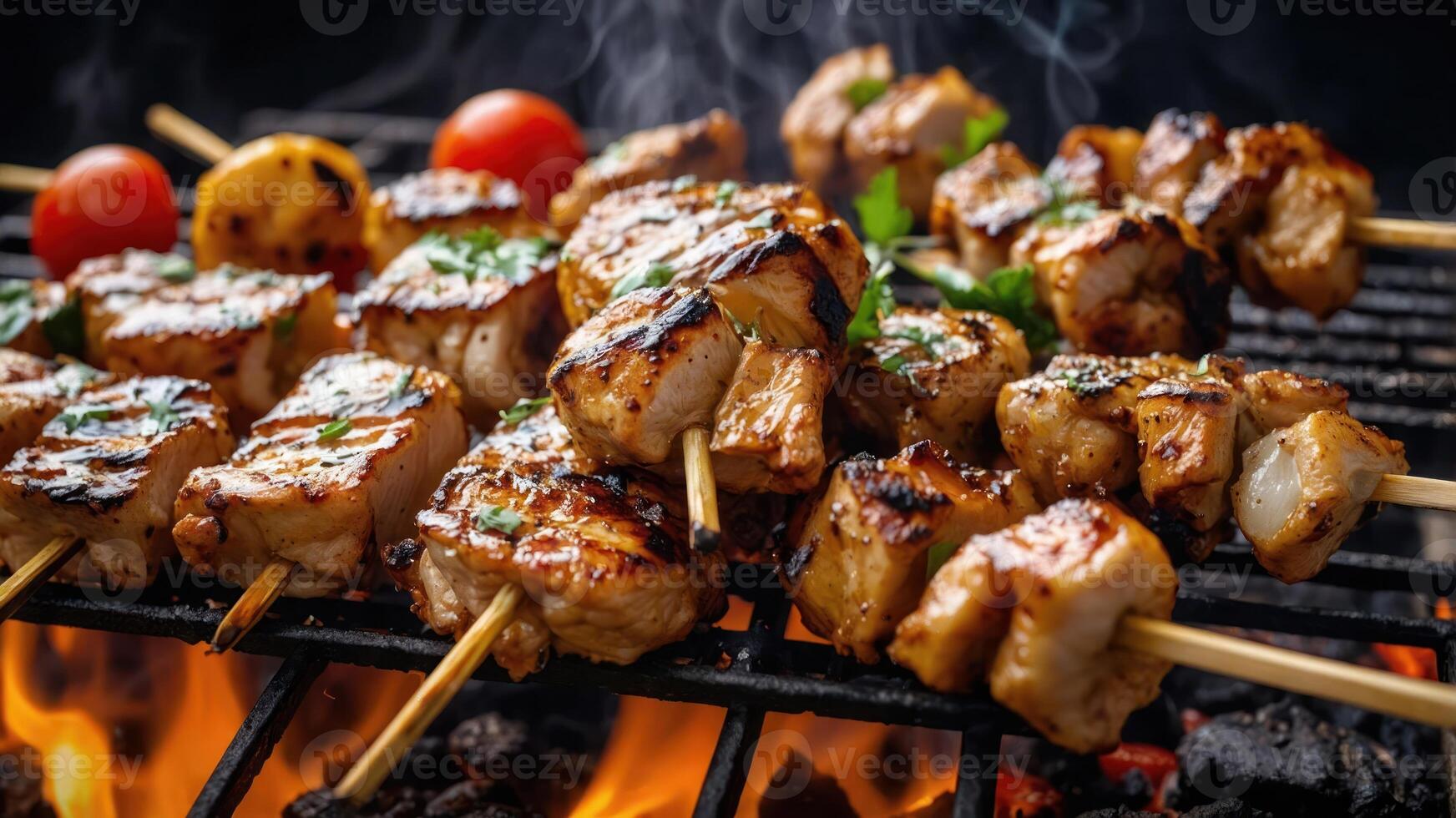 Grilled skewers of marinated meat and vegetables on a barbecue, emitting smoke. photo