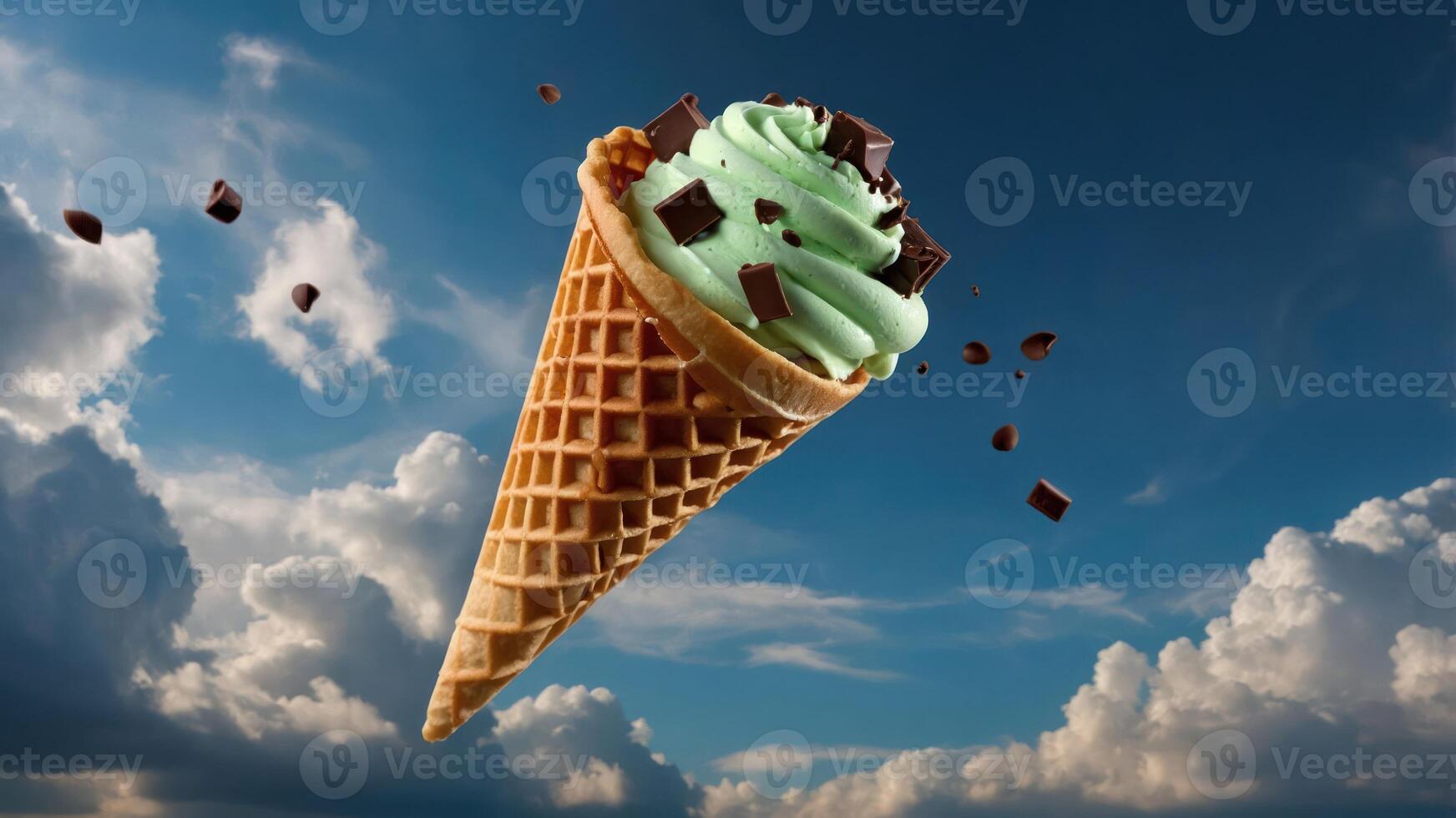 A floating ice cream cone with mint green soft serve and chocolate chunks against a cloudy sky. photo