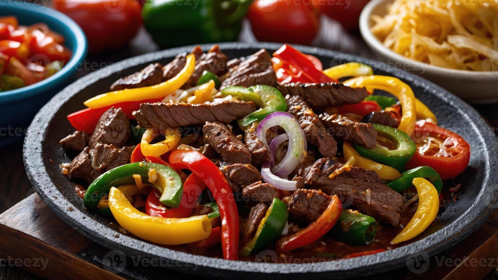 A sizzling platter of beef fajitas with colorful peppers and onions, ready to serve. photo