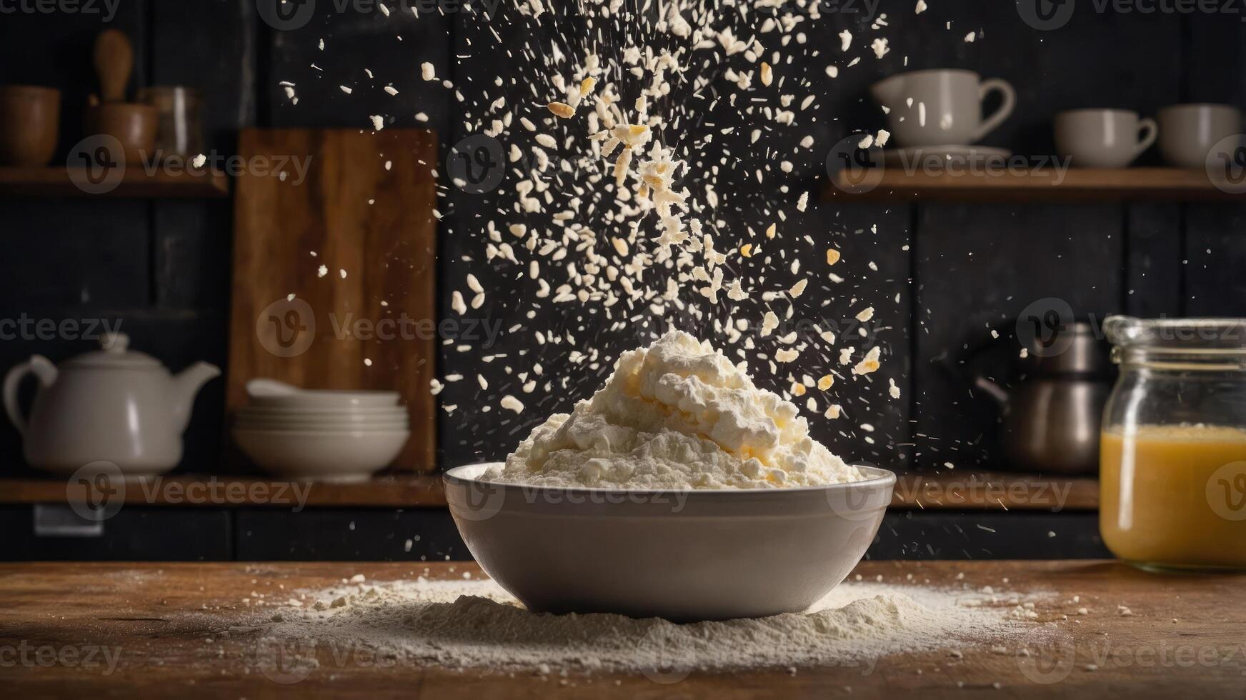 A bowl of flour with particles splashing around, set in a rustic kitchen environment. photo