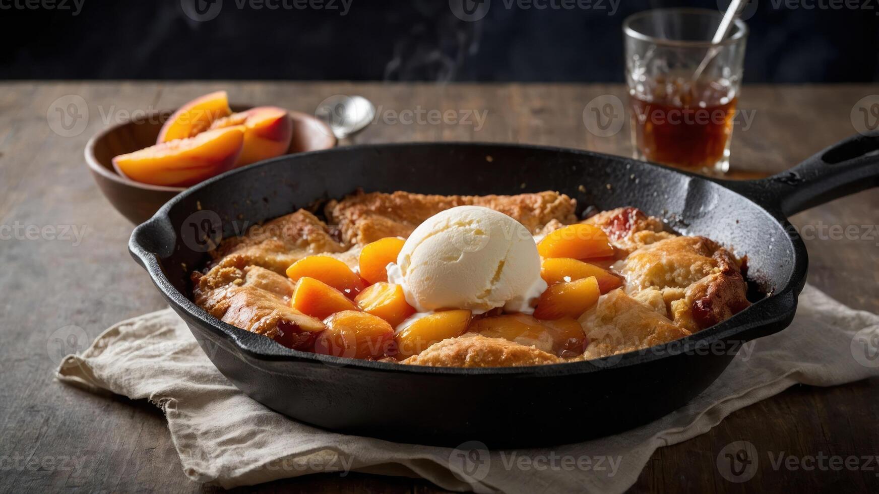A warm peach cobbler served in a cast-iron skillet with vanilla ice cream and fresh peaches. photo