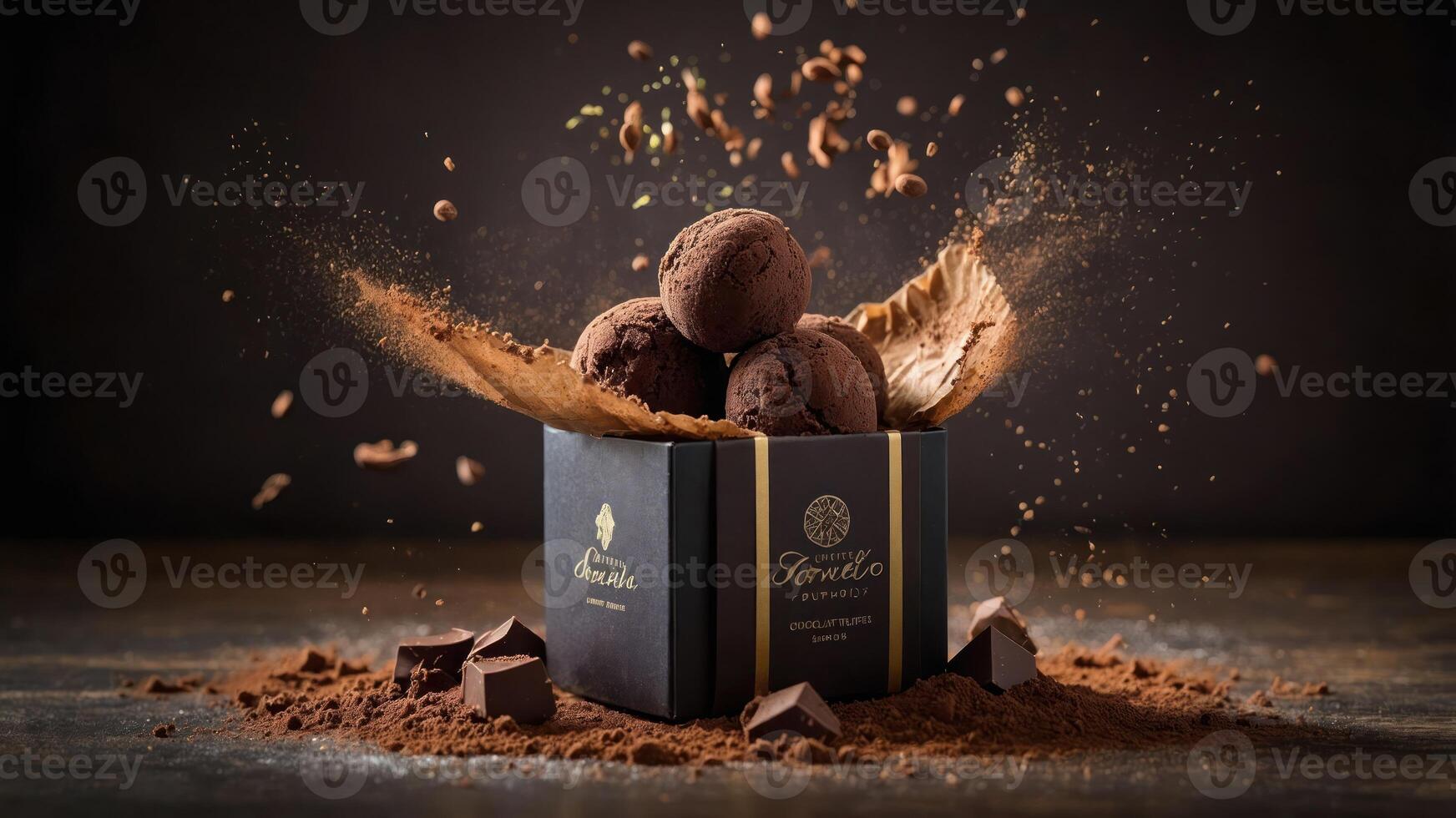 A visually striking display of chocolate ice cream scoops surrounded by cocoa powder and chocolate. photo