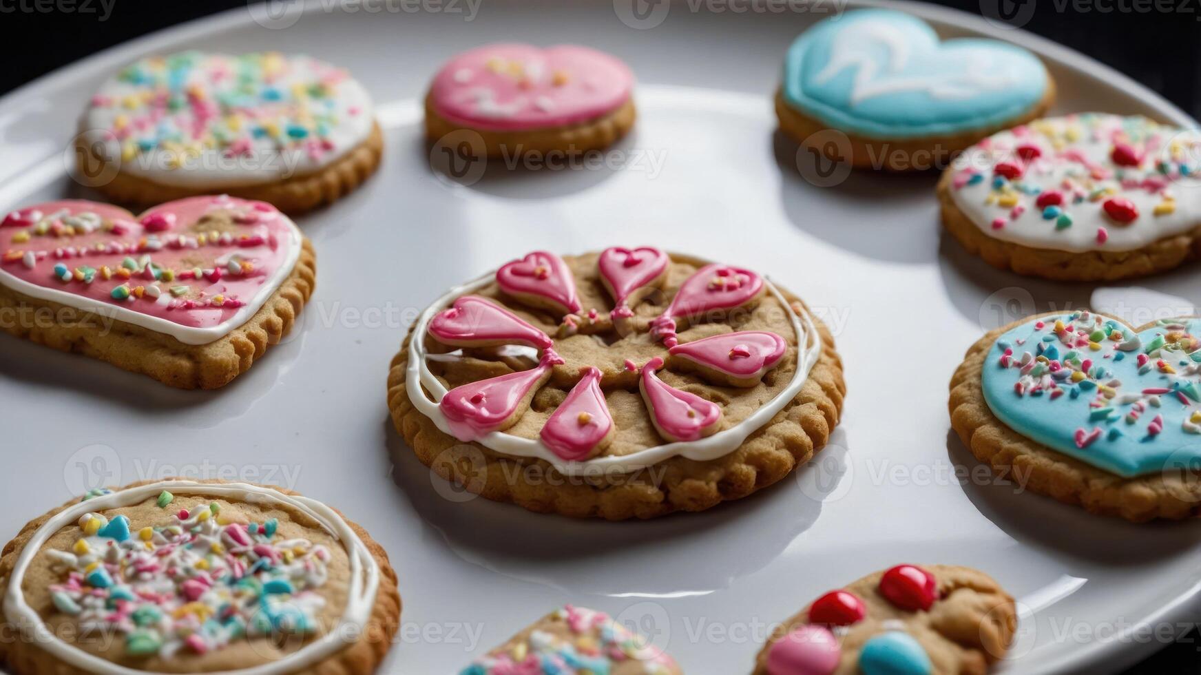 A plate of decorated cookies featuring various colors and designs, perfect for celebrations. photo