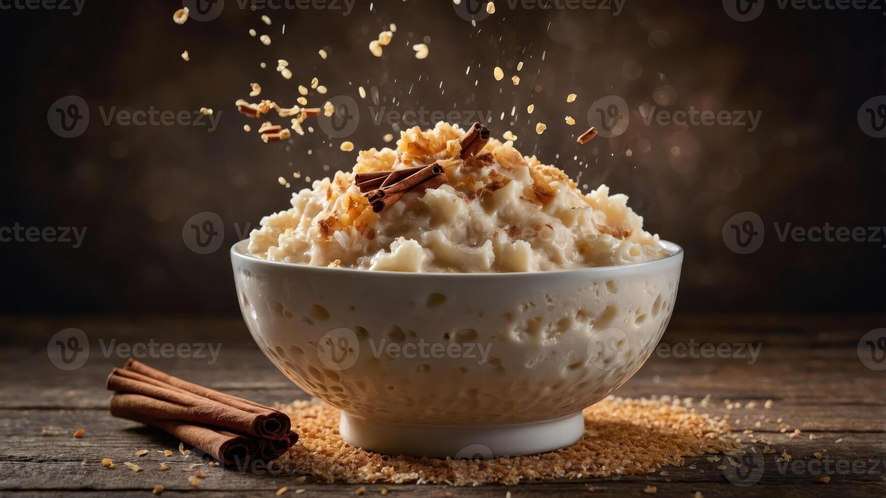 A bowl of creamy rice pudding topped with cinnamon and caramel, surrounded by scattered ingredients. photo