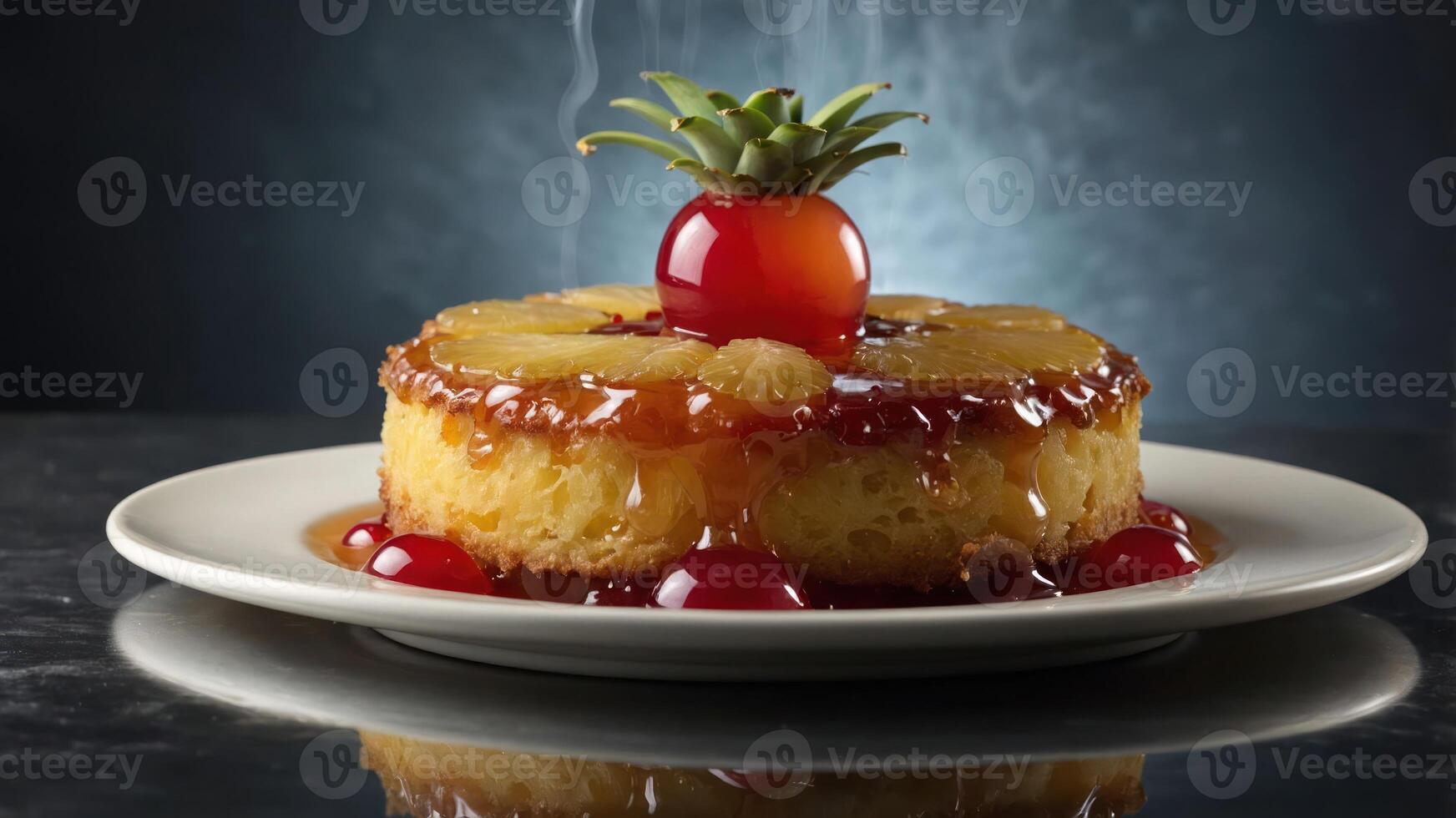 A delicious pineapple upside-down cake garnished with a cherry and a small pineapple. photo
