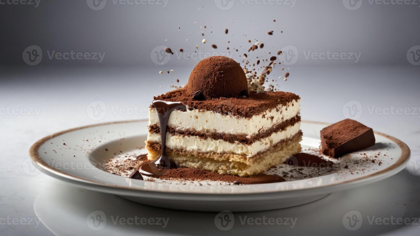 A delicious slice of tiramisu with cocoa powder and chocolate embellishments. photo