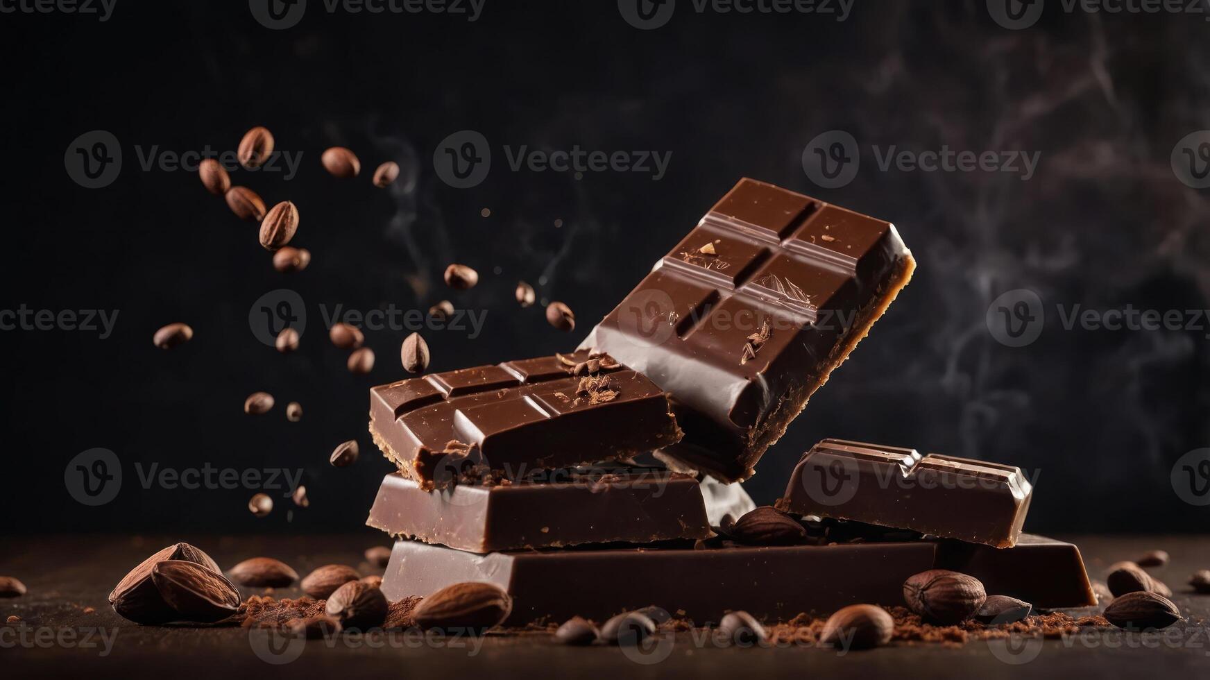 A dynamic arrangement of chocolate bars with coffee beans and cocoa, evoking indulgence. photo