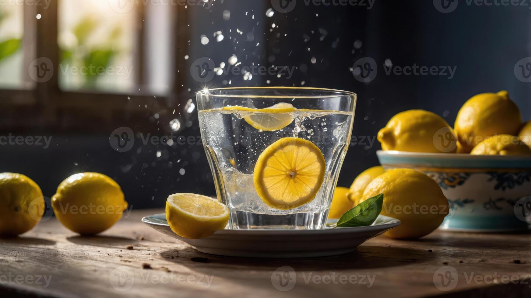 A refreshing glass of water with lemon slices, surrounded by fresh lemons. photo