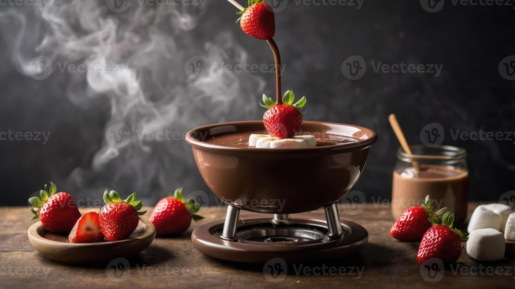 A chocolate fondue pot with strawberries and marshmallows, perfect for sharing and dessert. photo
