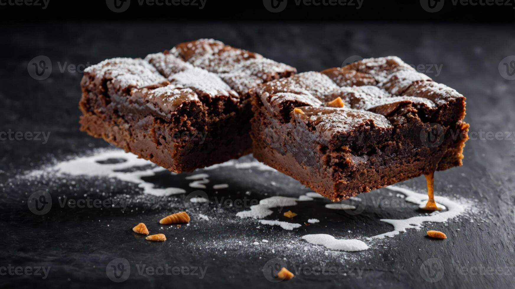 Two rich chocolate brownies dusted with powdered sugar on a dark surface. photo