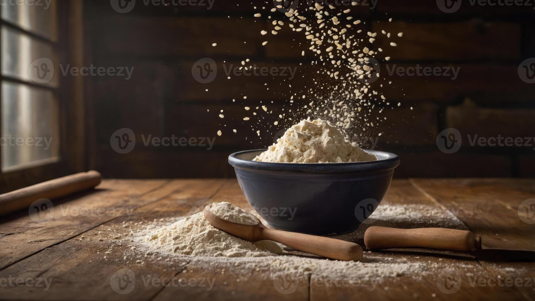 A bowl of flour surrounded by scattered flour on a wooden surface, emphasizing baking. photo