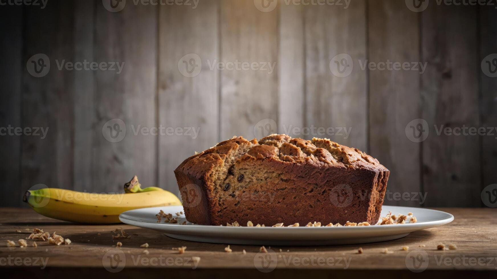 A loaf of banana bread on a plate with a banana beside it, set against a wooden backdrop. photo