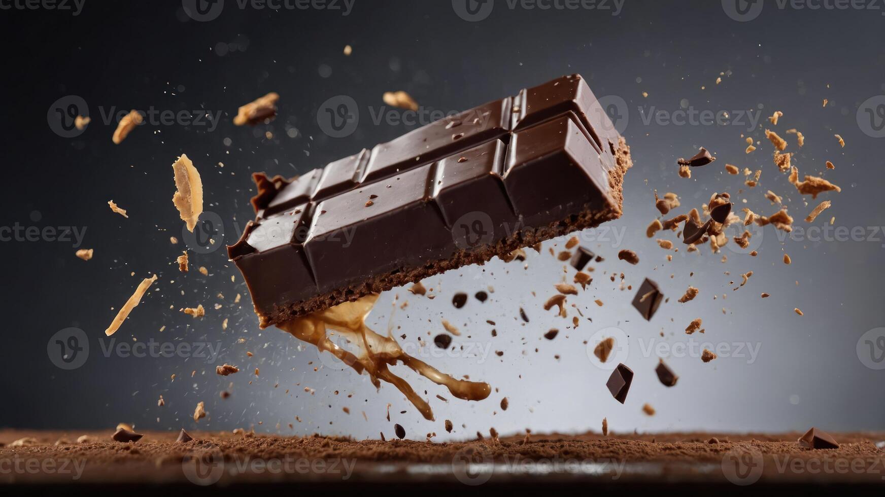 A chocolate bar exploding with caramel and cocoa pieces against a dark background. photo