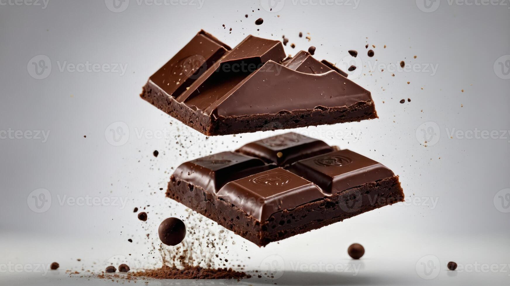 A dynamic composition of chocolate squares and cocoa powder, emphasizing indulgence and dessert. photo