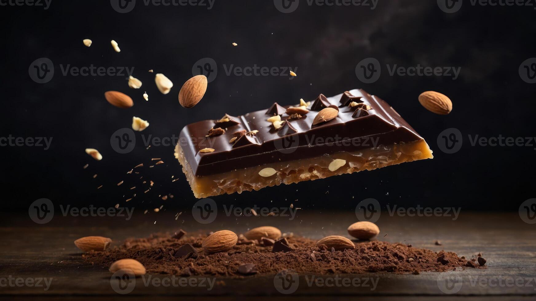A floating chocolate bar surrounded by almonds and cocoa, showcasing indulgence and flavor. photo