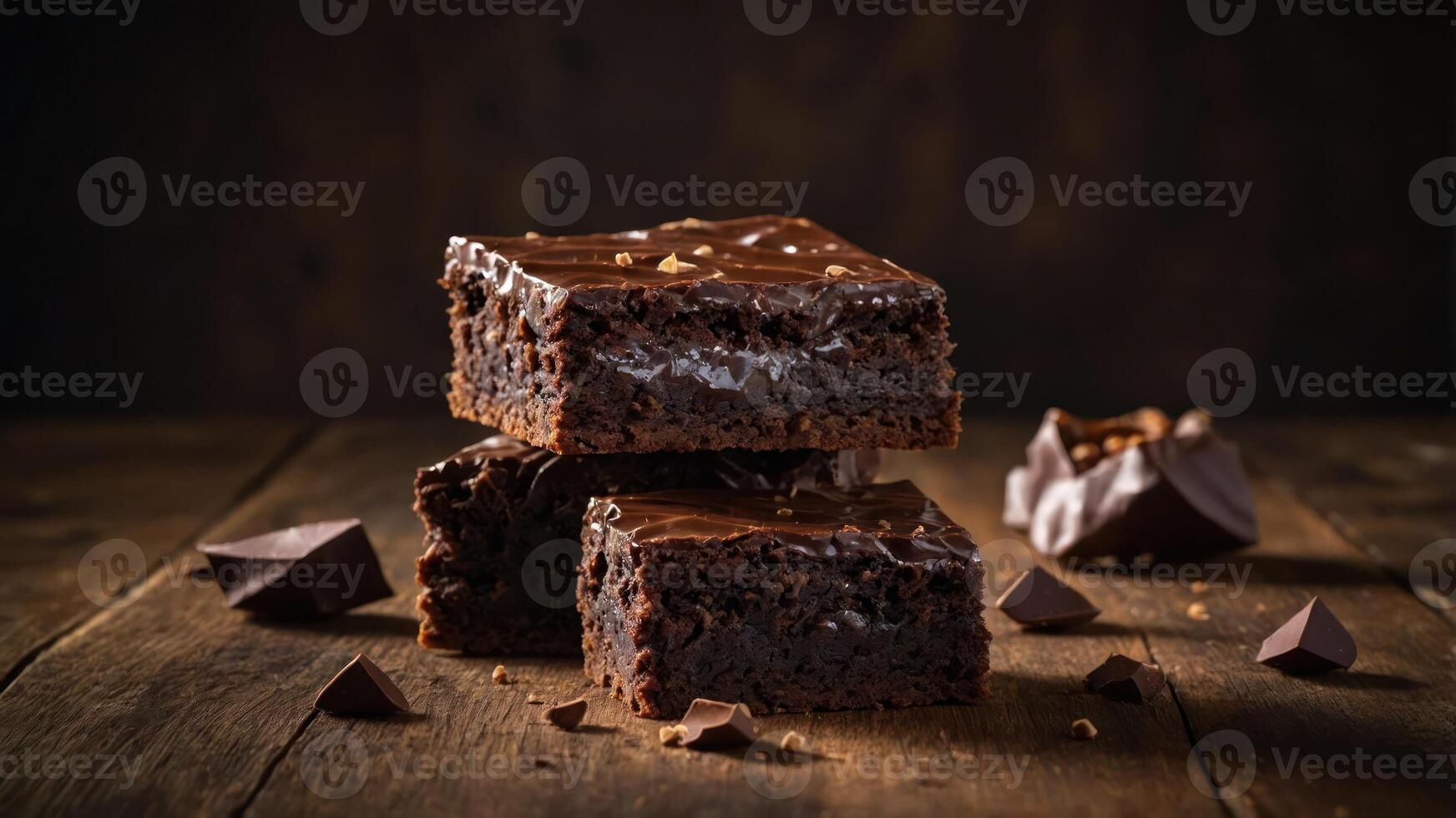 Three rich chocolate brownies with chocolate chunks, set on a rustic wooden table. photo