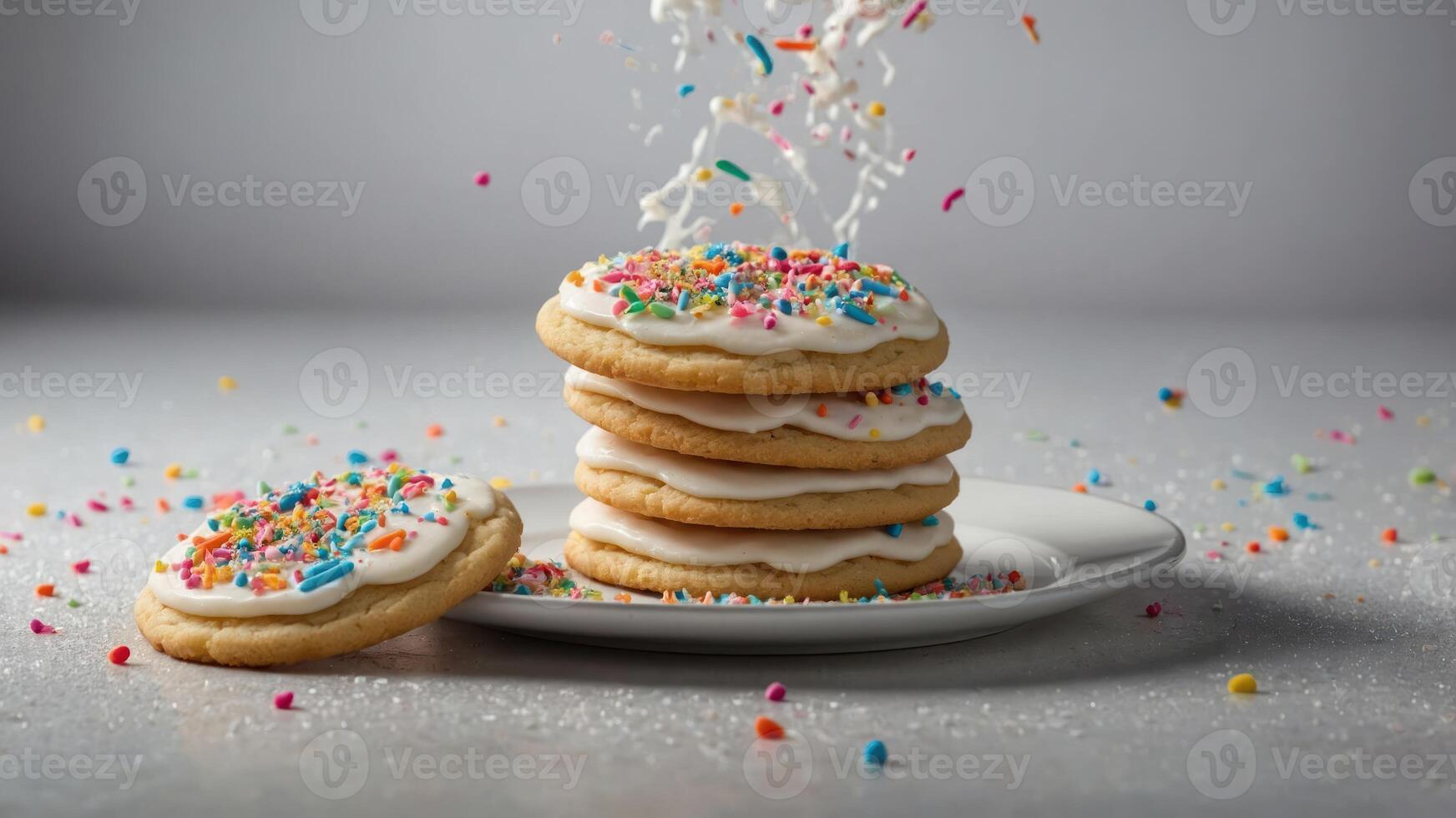 A stack of frosted cookies topped with colorful sprinkles, creating a festive dessert display. photo
