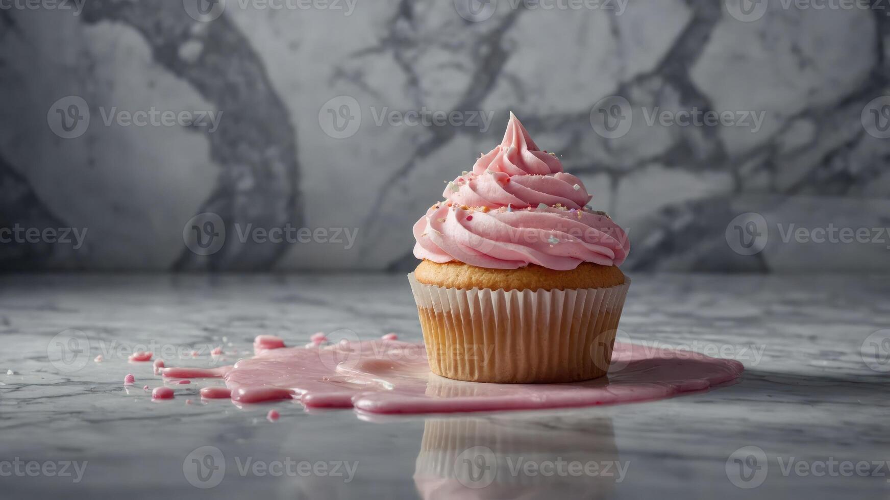 A cupcake with pink frosting on a marble surface, with frosting drips around it. photo