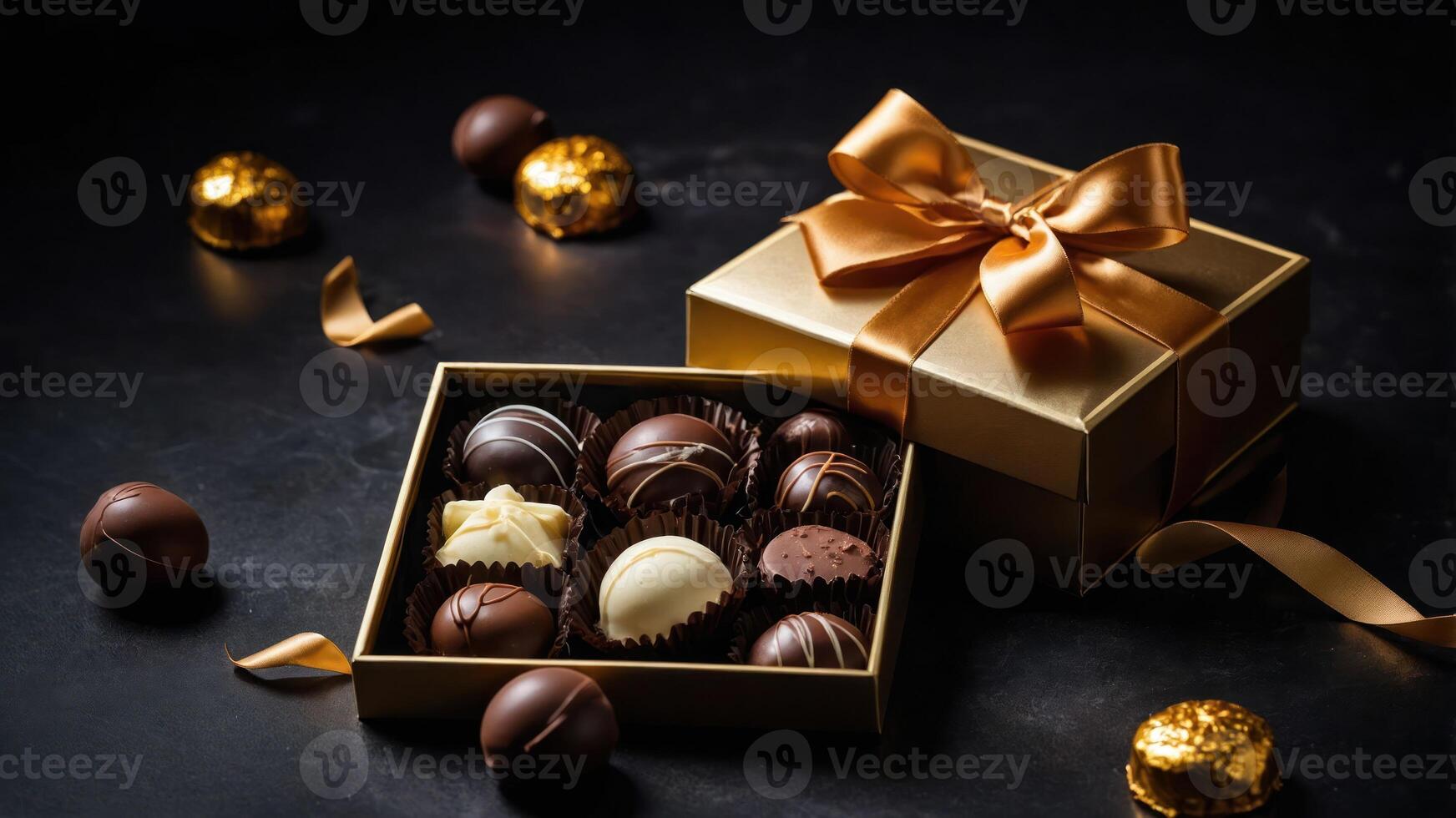 A luxurious box of assorted chocolates with a golden ribbon, perfect for gifting. photo
