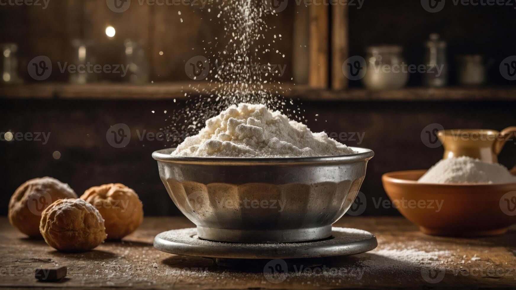 A bowl of flour with scattered powder, surrounded by baked goods and rustic kitchen elements. photo