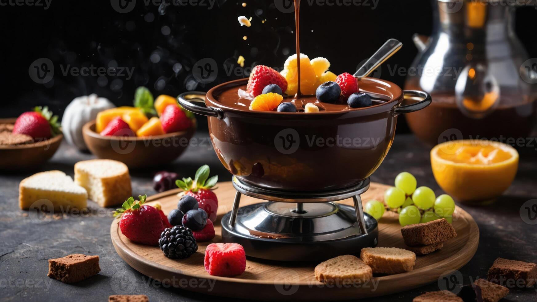 A chocolate fondue set with assorted fruits and snacks for sharing and enjoyment. photo